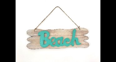 Houten tekstbord Beach -ibiza style- handgemaakt in Bali- tuindecoratie - turquoise tuindecoratie - 40 x 12 cm - tuindecoratie