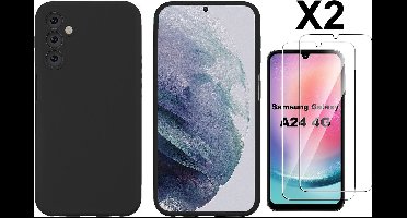 Hoesje Geschikt Voor Samsung Galaxy A24 Hoesje siliconen Zwart zacht siliconen hoesje TPU backcover - Met Screenprotector - 2 stuks