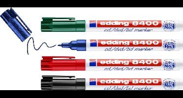 edding 8400/4 cd/dvd/bd marker - 4 stuks in de kleuren zwart, rood, blauw, groen - ronde punt 0,5-1mm - voor het veilig aanbrengen van permanente teksten op cd's, dvd's en Blu-Ray disks