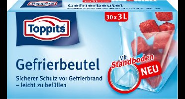 Toppits diepvrieszakjes 3 liter (geen zipsluiting) 3 x 30 stuks met GRATIS 15 herbruikbare zakklemmen.