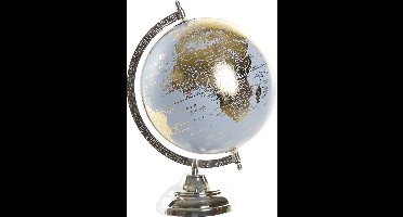 Items Deco Wereldbol/globe op voet - kunststof - blauw/goud - home decoratie artikel - D20 x H30 cm