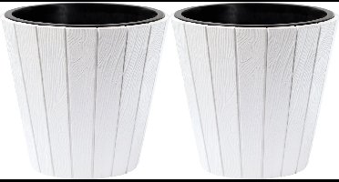 Prosperplast Plantenpot/bloempot Wood Style - 2x - buiten/binnen - kunststof - wit - D35 x H32 cm - met binnenpot