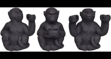 Dijk Natural Collections - Kandelaar - Waxinelichthouder - Aap - Zwart - Set van 3 - Woondecoratie - Woonaccessoire - 13x13x19cm - Beton