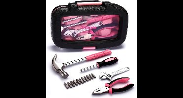 handgereedschap. Gereedschapsset - 15-delig van Trimate, set bevat - hamer, moersleutel, tang (gereedschap voor thuis, op kantoor of in de auto) (roze)