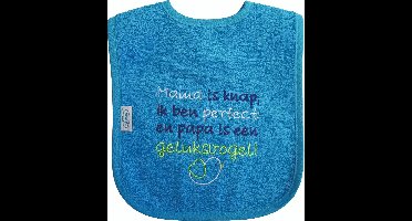 Blauwe (turquoise) slab met "Mama is knap, ik ben perfect en papa is een geluksvogel" - blauw, blauwe, moederdag, vaderdag, vogeltje, vogel, kraamcadeautje, cadeautje