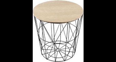 Sidetable/Bijzettafel/Opbergmand rond van metaal en hout 35 cm Zwart