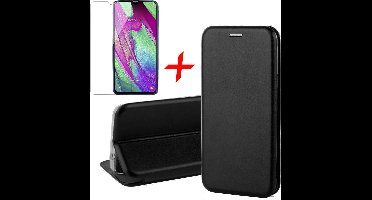 Hoesje geschikt voor Samsung Galaxy A40 - Screen Protector GlassGuard - Book Case Kunstleer ThinShield Zwart & Screenprotector