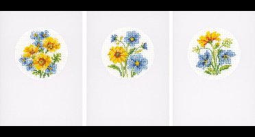 Vervaco - Wenskaart kit - Gele en blauwe bloempjes set van 3 - PN-0155786 - Borduren - Borduurpakket - Borduurpakket volwassenen - Borduurpakket kind