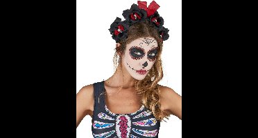 Vegaoo - Zwart-rood Dia de los Muertos haarband