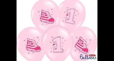 PARTYDECO - 6 roze latex ballonnen 1 jaar meisje 30 cm biologisch afbreekbaar
