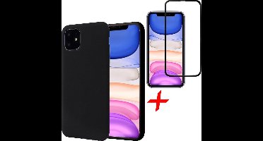 Hoesje geschikt voor iPhone 11 - Zwart liquid siliconen + Screenprotector glas tempered glass screen protector full screen