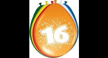 Folat Verjaardag leeftijd ballonnen 16 jaar - 8x - multi - 30 cm - feestartikelen/versieringen