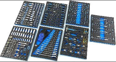 HBM 262-delige premium gereedschapsvulling voor gereedschapswagen, 7 inlays, 39 x 54 cm, blauw