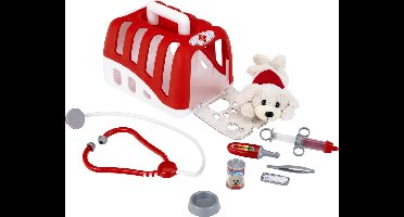 Klein Toys dierenartskoffer met knuffelhond - 24x18.5x16.5 cm - voerbak, stethoscoop, injectiespuit, thermometer, pincet, naamplaatje, blikje - rood wit
