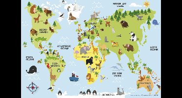 Kinderkaart wereld - poster - dieren - oceanen - Europa - Afrika - Amerika - 70 x 100 cm