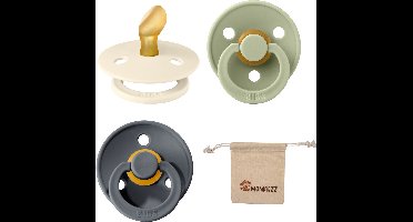 Bibs Dental fopspenen Anatomical 6-18 maanden- Set 3 stuks- Sage, Iron en Ivory - + Monkiezz speenzakje - orthodontisch- Anatomisch- Maat 2