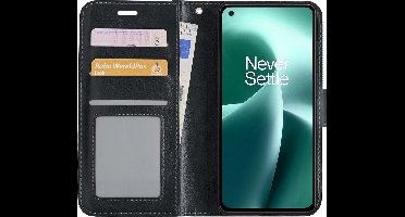 Hoesje - Met Pasjeshouder - Geschikt voor OnePlus Nord 2T - Luxe Bookcase Portemonee - Flip Case - Kunstleer Book Case - Flipcase - Book Cover - Walletcase - Portemonneehoes - Zwart