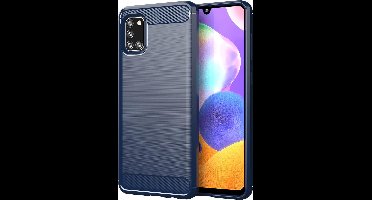 Cadorabo Hoesje geschikt voor Samsung Galaxy A31 in BRUSHED BLAUW - Beschermhoes van flexibel TPU siliconen in roestvrij staal-carbonvezel look Case Cover