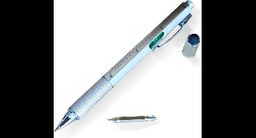 MikaMax 6 in 1 Multitool Pen - Handy Pen - Toolpen - Liniaal - Waterpas - Kruiskop en Plattekop Schroevendraaier - Zilver