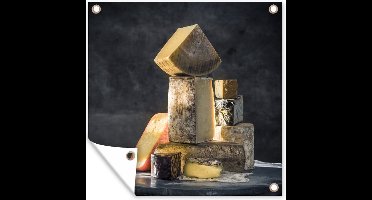 Tuinposters Stapel met kazen - 50x50 cm - Tuindoek - Buitenposter