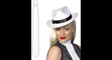 Smiffys - Verkleedkleding set witte gangster hoed en stropdas wit
