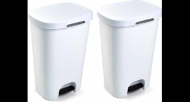 PlasticForte Pedaalemmer - 2x - wit - 50 liter - kunststof - prullenbak - 41x36x63,5 cm