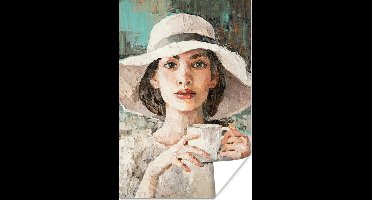 Poster Schilderij - Vrouw - Olieverf - Hoed - Koffie - 20x30 cm
