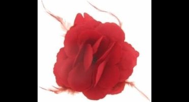 Decoratie of Hawaii/Spaanse haarbloem met veren - rood - 10 x 10 cm - carnaval verkleed haarbloemen