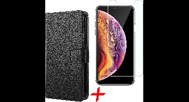 Hoesje geschikt voor Apple iPhone Xs / X - Wallet Book Case Zwart Kunstlederen Luxe Hoesje + Screenprotector Tempered Glass van iCall