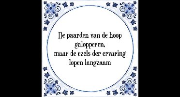 Tegeltje met Spreuk (Tegeltjeswijsheid): De paarden van de hoop galopperen, maar de ezels der ervaring lopen langzaam + Kado verpakking & Plakhanger