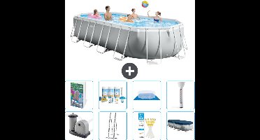 Intex Ovaal Prism Frame Zwembad - 610 x 305 x 122 cm - Grijs - Inclusief Pomp - Ladder - Grondzeil - Afdekzeil - Onderhoudspakket - Thermometer - 9-delig