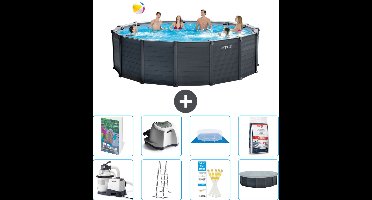 Intex Rond Graphite Gray Panel Zwembad - 478 x 124 cm - Inclusief Pomp - Ladder - Grondzeil - Afdekzeil - Zoutwatersysteem - Zwembadzout - 9-delig