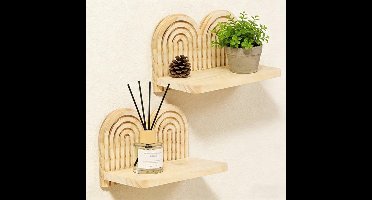 Houten gewelfde wandplank, decoratief wandrek in Boheemse stijl, regenboogvormige displayplank, geschikt voor de inrichting van slaapkamers en woonkamers (Dubbel compartiment)