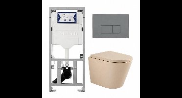 QeramiQ Dely Toiletset - 36.3x51.7cm - diepspoel - rimless - Geberit UP320 inbouwreservoir - softclose toilet zitting 35mm - bedieningsplaat licht grijs - rechthoekige knoppen - mat beige
