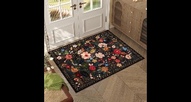 Bloemen deurmat, waterabsorberend, vuilbestendig, Boheemse stijl antislip deurmat, machinewasbaar, geschikt voor keuken, entree, badkamer, kinderkamer, 50×80cm, Zwart