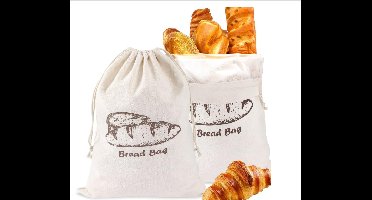 2 stuks Katoenen Broodzakken met Trekkoord - 30x45cm, Grijs, Herbruikbaar voor Brood & Stokbrood