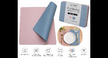 Wicotex - Placemats - Placemat Kunstleer Roze - Lichtblauw Moon - Dubbelzijdig 12 stuks
