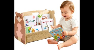 Houten peuterboekenplank - Dubbele zijde met 4 lagen diepe vakken - Schattig Montessori boekenrek voor kinderkamer, speelkamer en klaslokaal - Eenvoudig te monteren - Beer