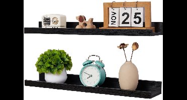 Set van 2 houten zwevende planken - Wandplanken met rand - Prentenplank - Displayplanken voor kinderkamer, woonkamer, keuken, badkamer - Zwart