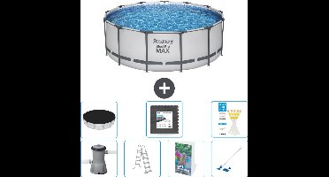 Bestway Rond Steel Pro MAX Zwembad - 396 x 122 cm - Grijs - Inclusief Pomp - Ladder - Afdekzeil - Vloertegels - Stofzuiger - 8-delig