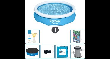 Bestway Rond Opblaasbaar Fast Set Zwembad - 305 x 66 cm - Blauw - Inclusief Afdekzeil - Solar Mat - Vloertegels - Zwembadfilterpomp - 7-delig