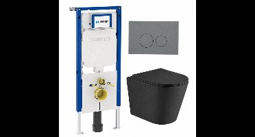 QeramiQ Dely Toiletset - 36.3x51.7cm - diepspoel - rimless - Geberit UP720 inbouwreservoir - softclose toiletzitting - bedieningsplaat licht grijs - ronde knoppen - zwart mat