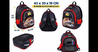 Hot Wheels - Rugzak – Monster Trucks - 40 x 30 x 12 cm – Zwart Rood – Ergonomisch – Met Buikband – Schoolrugzak Groot model