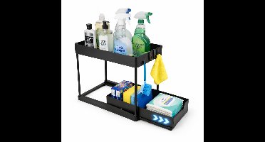 Gootsteenkast Organizer - Keukenkast Organizer Uitschuifbaar - Aanrecht Organiser met Vaatdoekhouder - Opbergkastje Keuken - Keukenrek Schuiflade- Opbergkist - Badkamer Organizer - Gootsteenorganiser - Under Kitchen & Sink Rack - CleanRite - Zwart