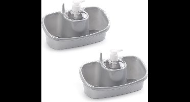 Sponsbakje met zeeppompje/dispenser zilver - 2x - 26 cm - Zeeppompjes/zeepdispensers - Badkamer, toilet en keuken