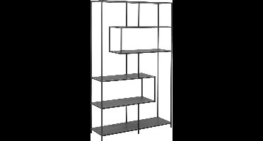 Sea wandkast met 4 planken, asymmetrisch essen decor, zwart.