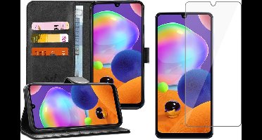 Hoesje geschikt voor Samsung Galaxy A31 - Screen Protector GlassGuard - Book Case Kunstleer Pasjeshouder Zwart & Screenprotector
