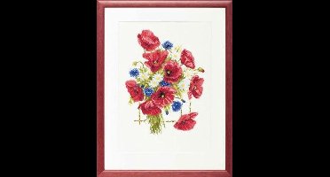 Pako Borduurpakket - telpatroon met codekaart - veldboeket klaprozen - 237.100 - voorgesorteerd garen - Aida - 23 x 31 cm - DIY kit