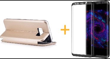 Hoesje geschikt voor Samsung Galaxy S8 - Kunstlederen Wallet Case Goud + Screenprotector Zwart (3D) - Portemonnee Hoesje met Magneet sluiting - Book Case - Flip Cover - Klap - 360 beschermend Telefoonhoesje (Gold)