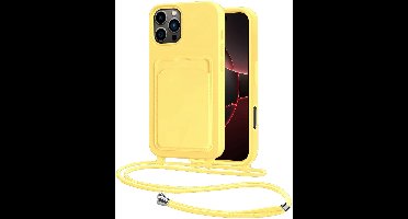 Hoes Geschikt voor iPhone 16 Pro Max Hoesje Pasjeshouder Cover Met Koord Case Siliconen Hoes Met Telefoonkoord en Kaarthouder - Geel